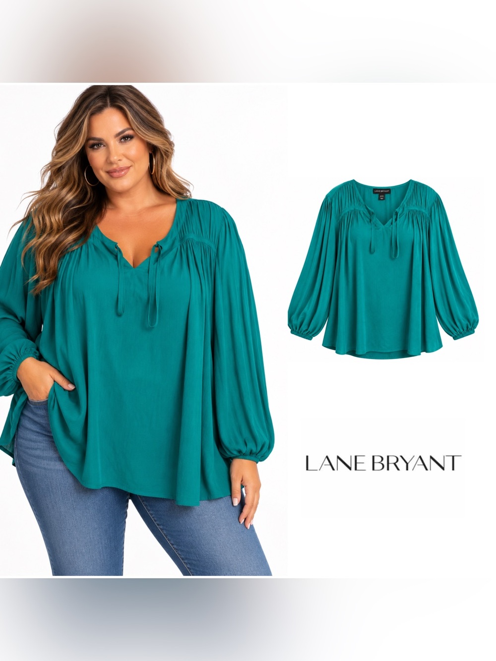 Lane Bryant Teal Peasant top with Tie Neck